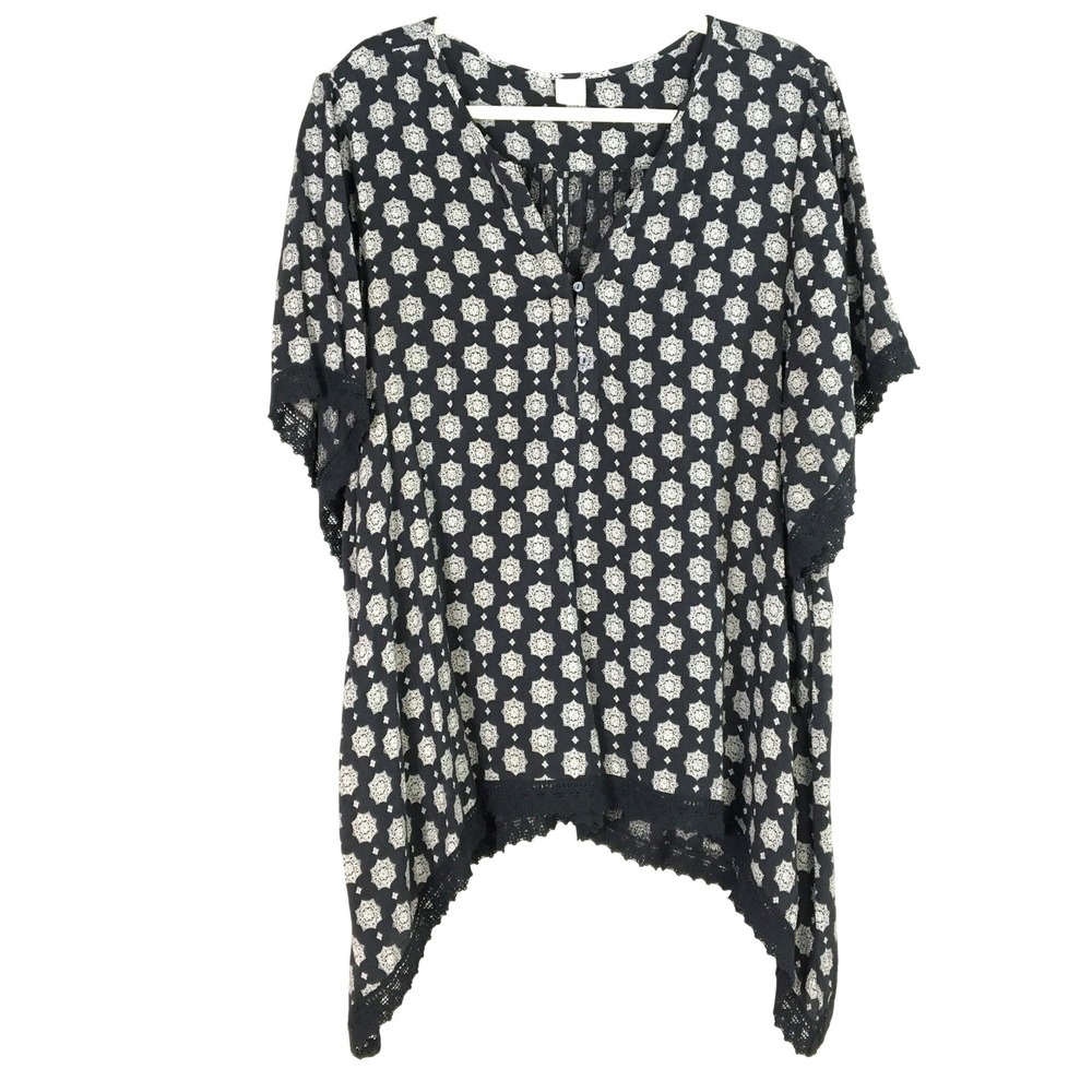 Wild Pearl Black White Geometric Print Lace Trim Tunic Top Kimono Style XL